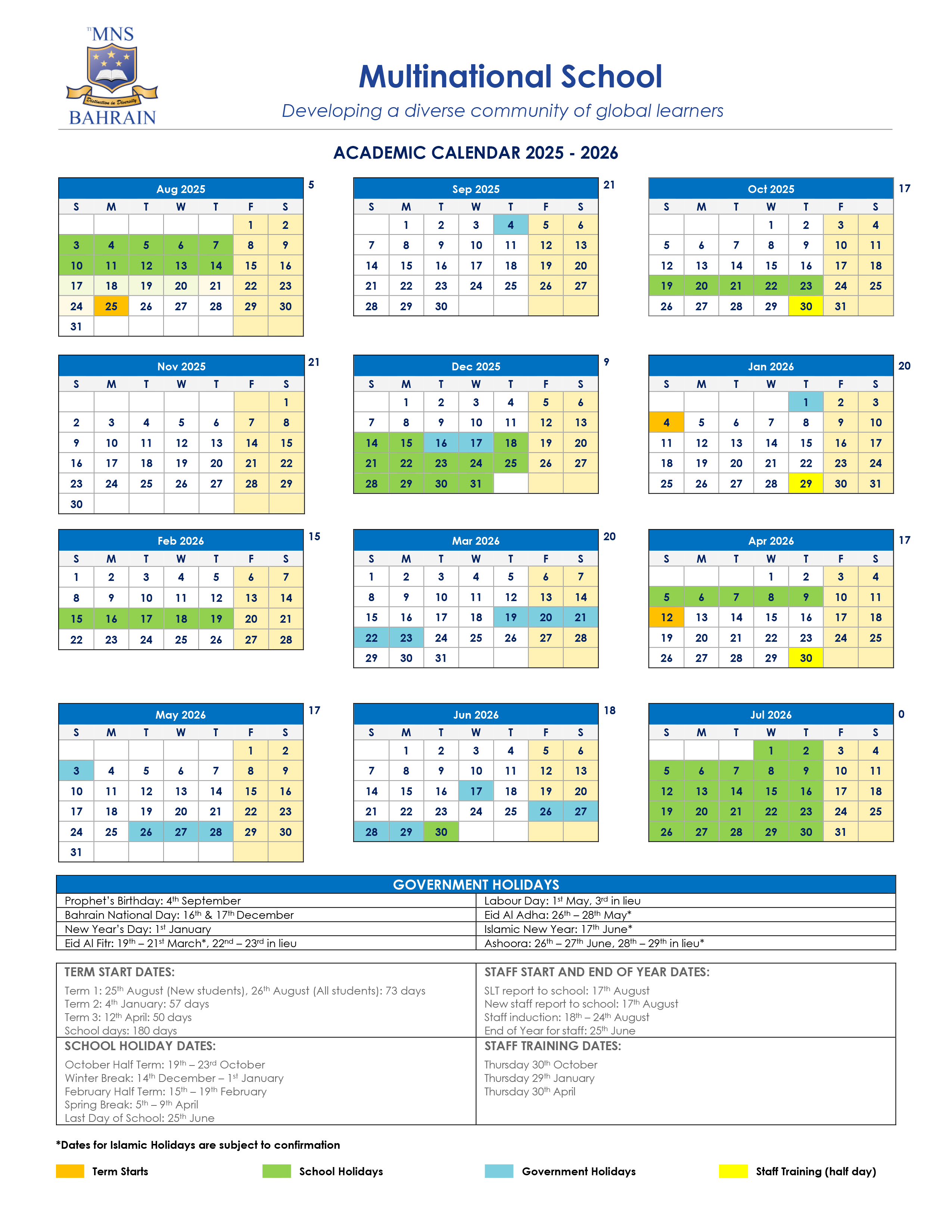 School Calendar (2025 – 2026)
