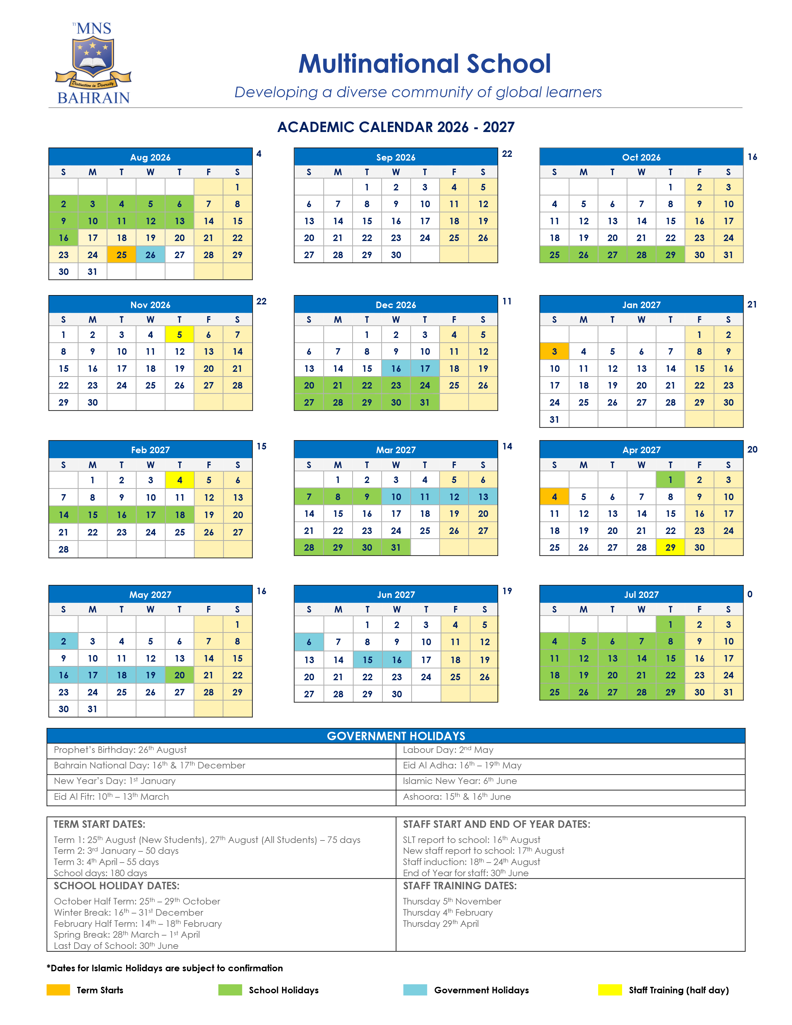 School Calendar (2026 – 2027)