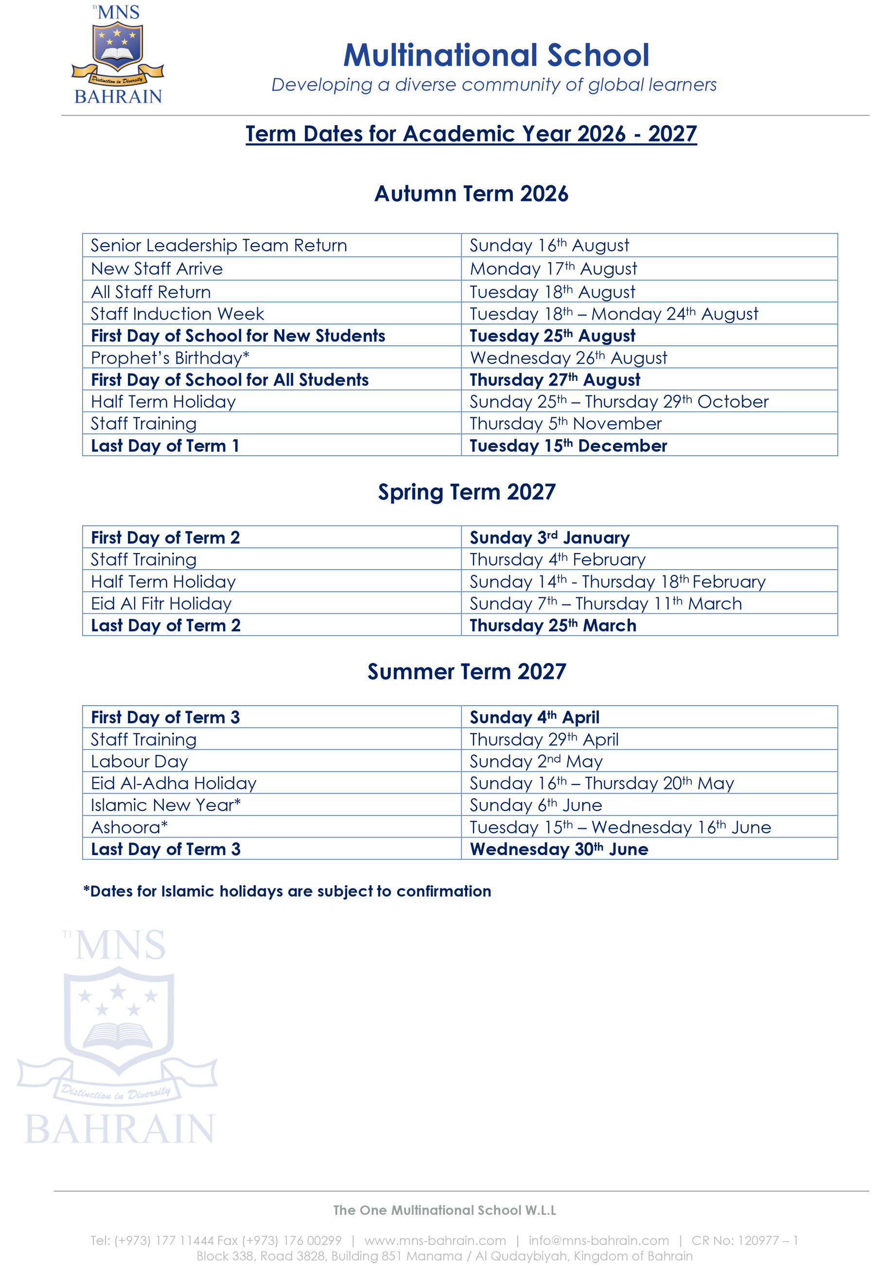 Term Dates 2026 - 2027